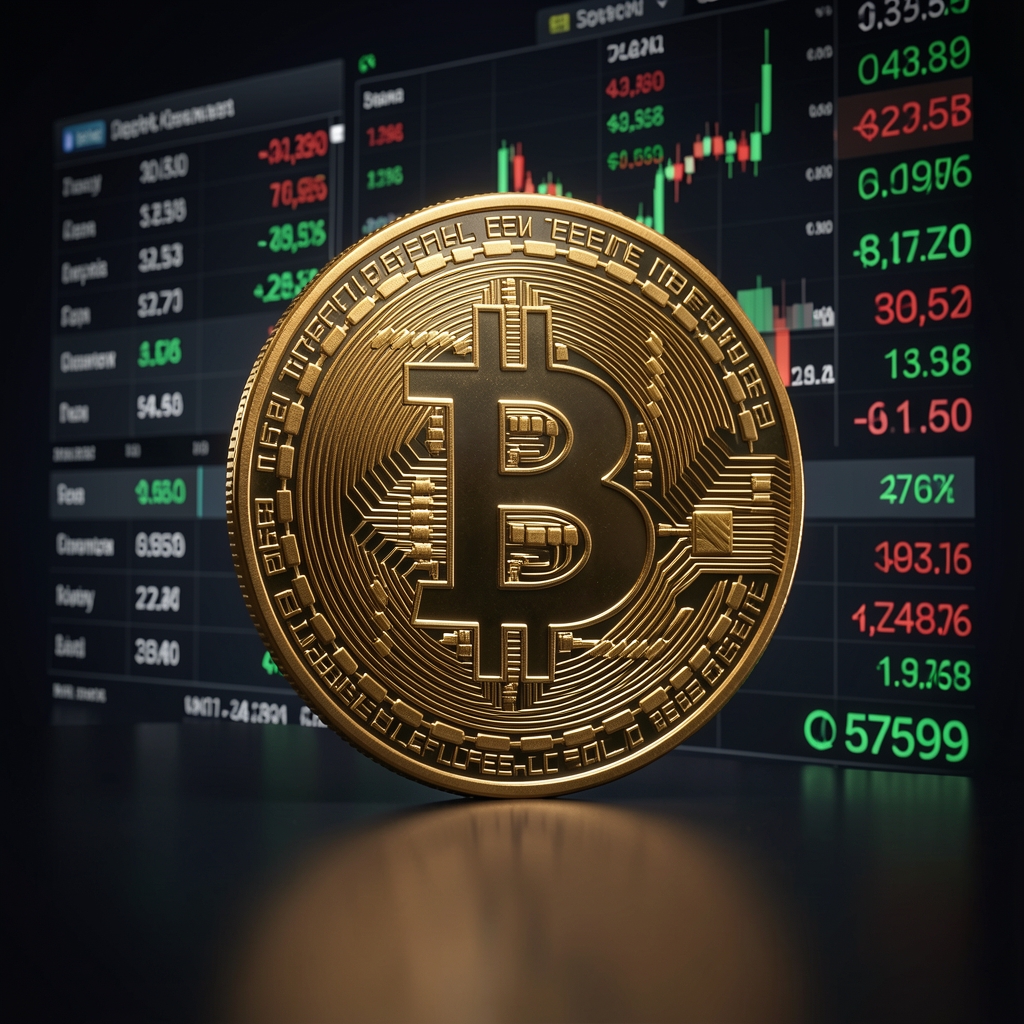 Цифровые символы биткоина и крипто-монет на темном фоне с данными биржевых котировок